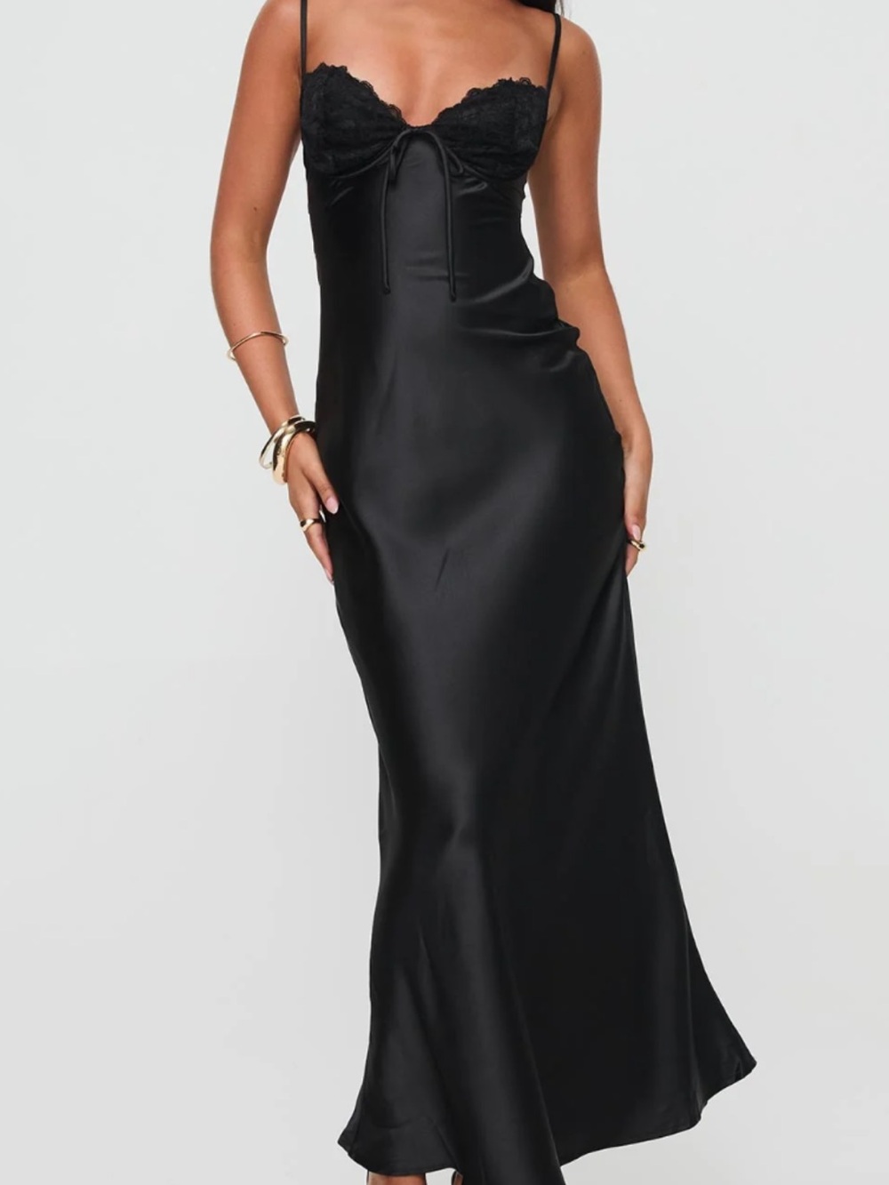 Princess Polly Black Satin Slip Dress with Lace Bodice